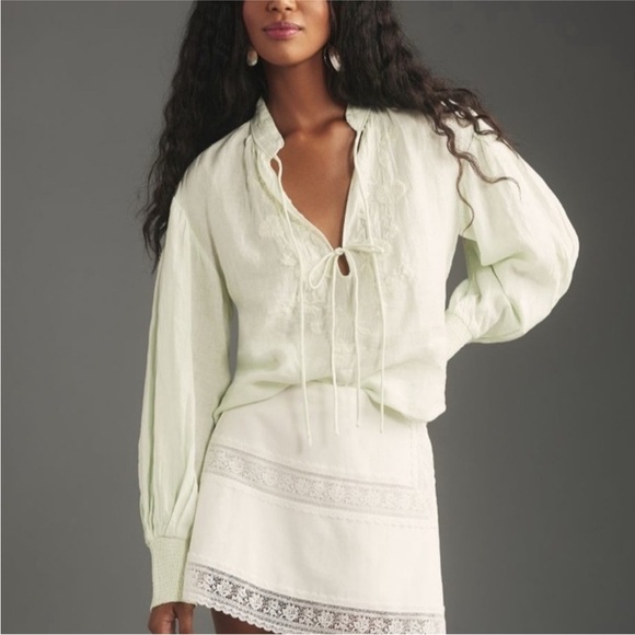 Anthropologie Tops - by Anthropologie Mint Green Floral Embroidered Linen Peasant Blouse M